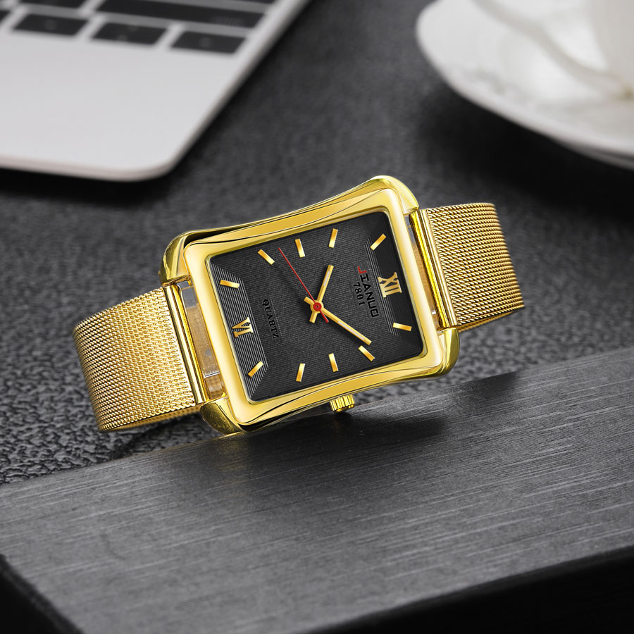 Stainless Mesh Band - นาฬิกาควอตซ์สำหรับผู้ชายแฟชั่น2024ใหม่สำหรับนักธุรกิจนาฬิกาหน้าปัดทรงสี่เหลี่ยมทันสมัยสายนาฬิกาสีทองแบบตาข่าย